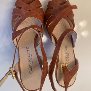 Stunning rust suede high heels, sandals. Sling back. 4 1/4 inch heel.